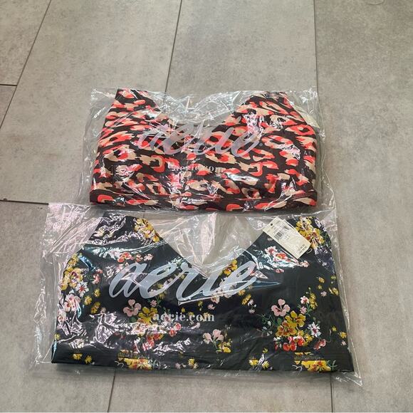 NWT Aerie Offline Goals Plunge Sports Bra 2 Pack Maroon Black Floral Small Mesh - Picture 16 of 16